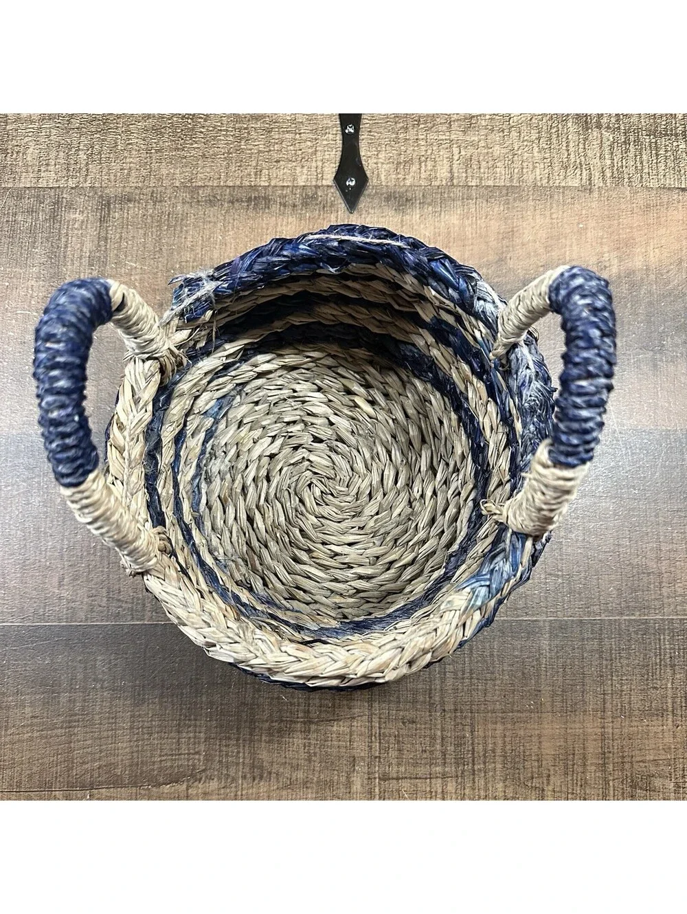 Vintage Handwoven Straw Basket with Blue Accents